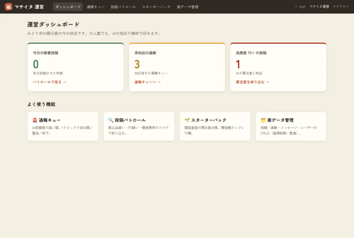 地域AI掲示板 マチイタのデモ画面：AIが整えた台帳・請求書
